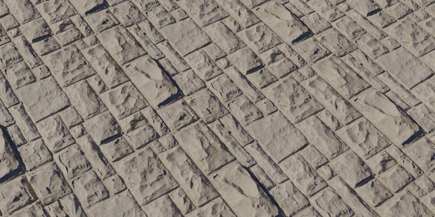 Free 8K texture of a tan concrete brick wall featuring rectangular chiseled blocks, rough carved surfaces, crisp mortar joints and subtle weathering.