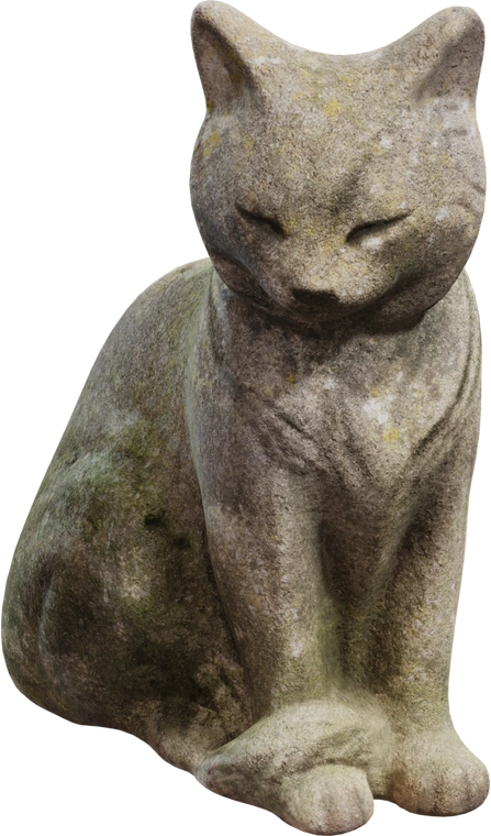 Free 8K concrete cat statue with a weathered, moss-speckled surface, serene expression and soft, rounded forms in a classic seated sculptural pose.
