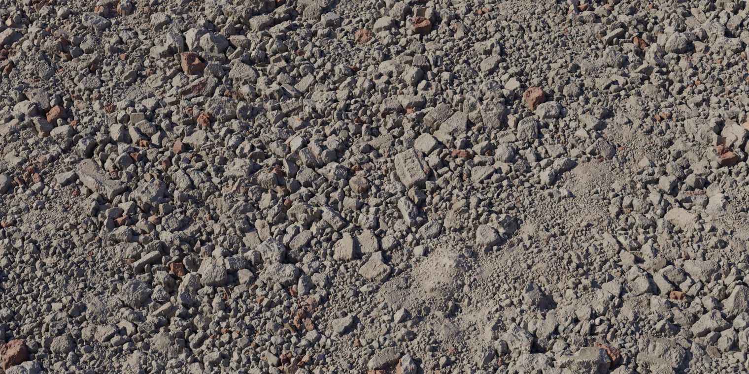Free 8K texture of crumbling grey concrete debris with mixed broken aggregate, plaster and red brick chips; rough, dry, high-relief cement surface.