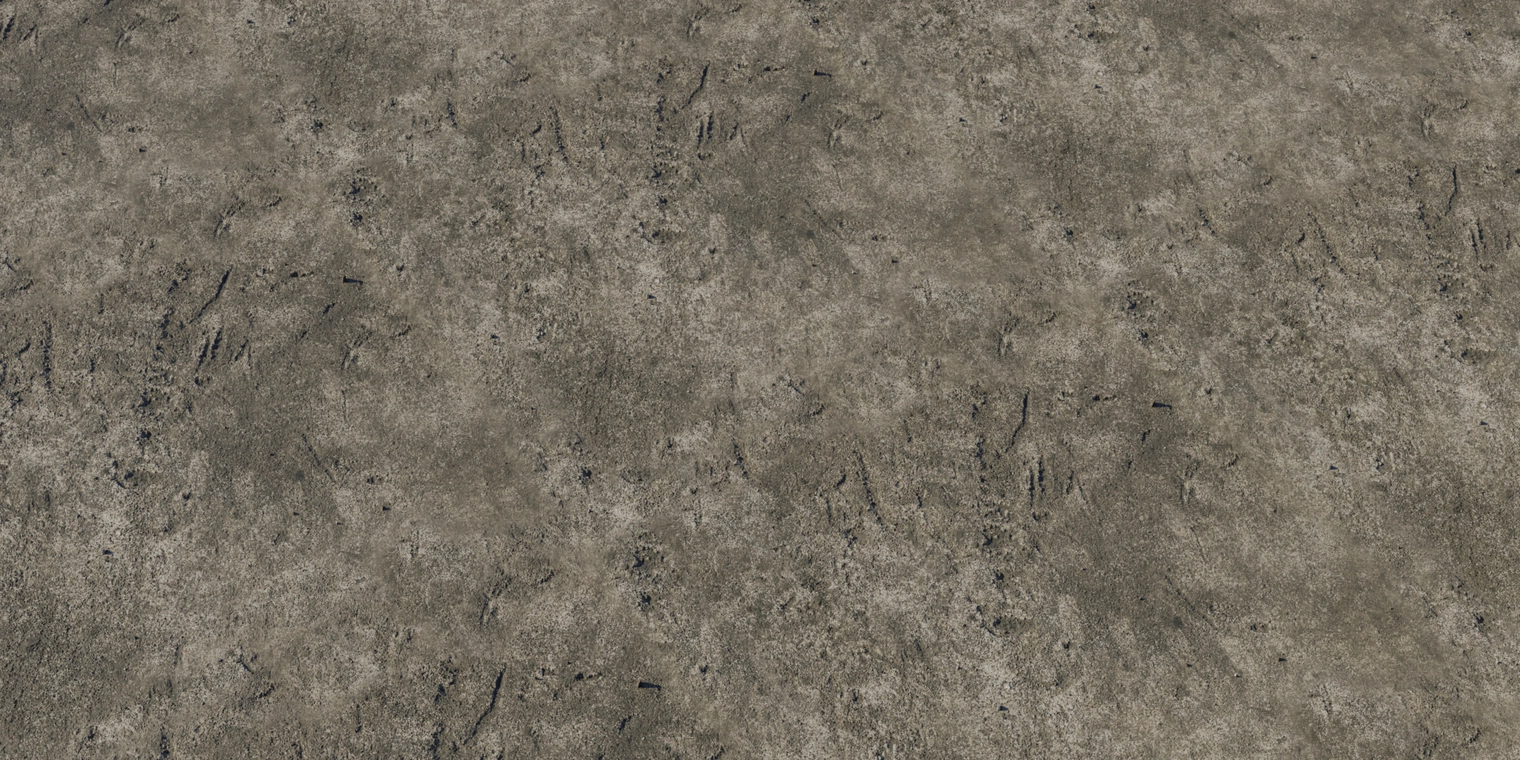 Free 8K concrete texture showing a rough, weathered floor with moss-stained, dirty gray-brown surface, subtle pitting, scuffs and worn patches.