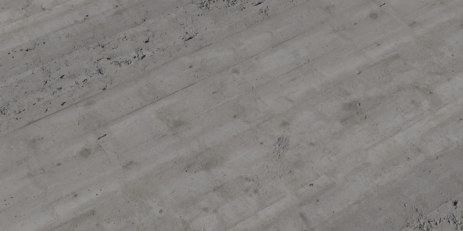 Free 16K concrete texture showing rough, weathered grey plaster with chipped layers, cracks, stains and dry dirt streaks; board lines and surface pitting.
