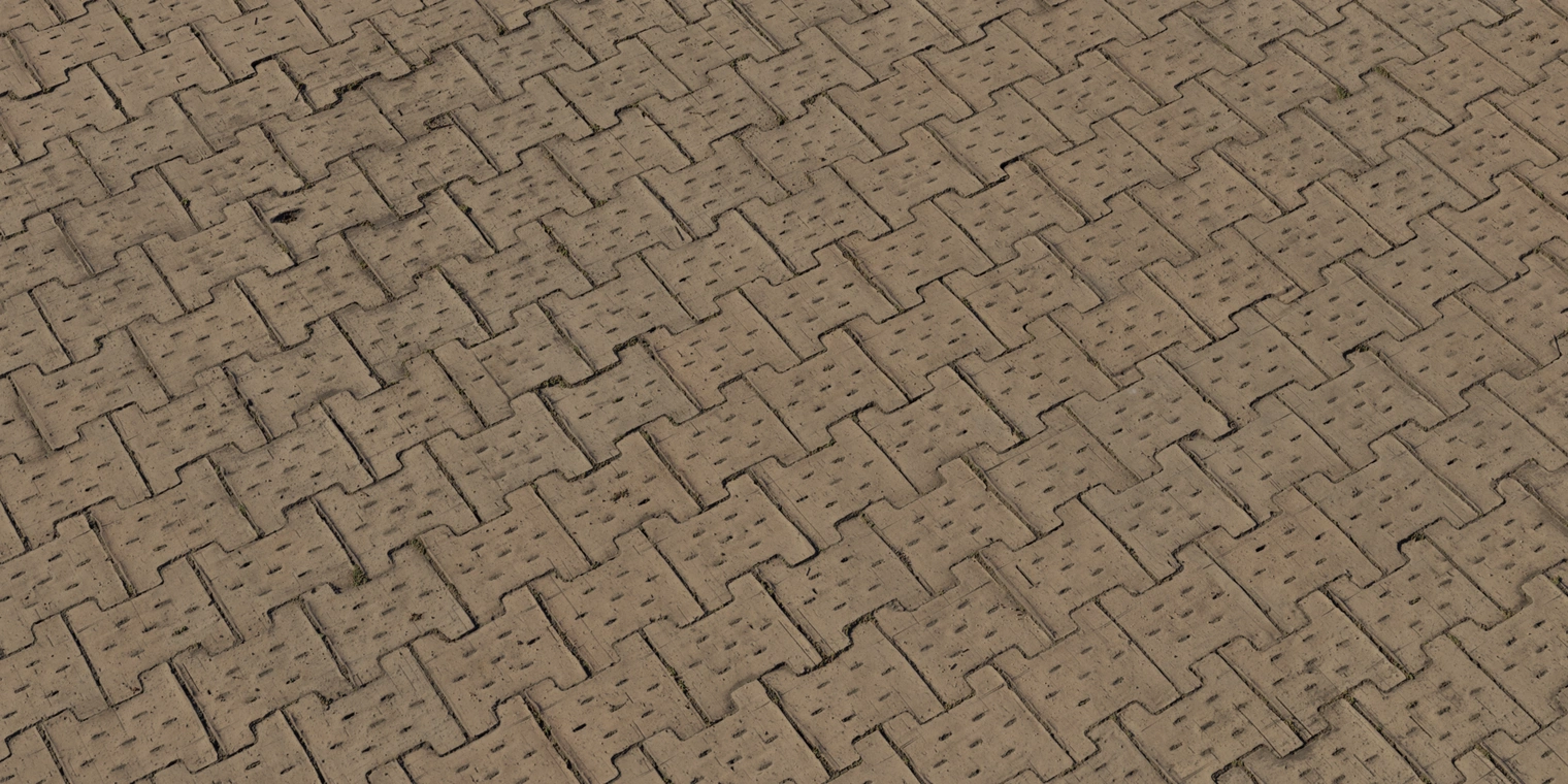 Free 8K texture: weathered, coarse concrete pavers with interlocking pattern, worn bevels, surface pitting, dirt streaks and moss in the joints.