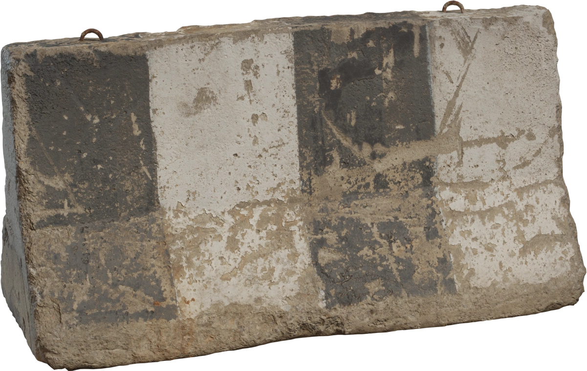 Free 8K model, weathered concrete road barrier with chipped black-and-white checker paint, dirt streaks, eroded rough edges and rusted metal lifting loops.