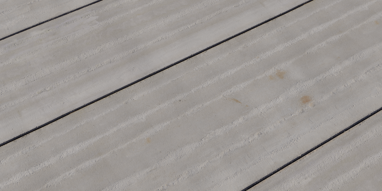 Free 8K texture of a weathered concrete slab wall, coarse and rough with cracks, chips, horizontal joints and subtle stains - ideal for exterior use.