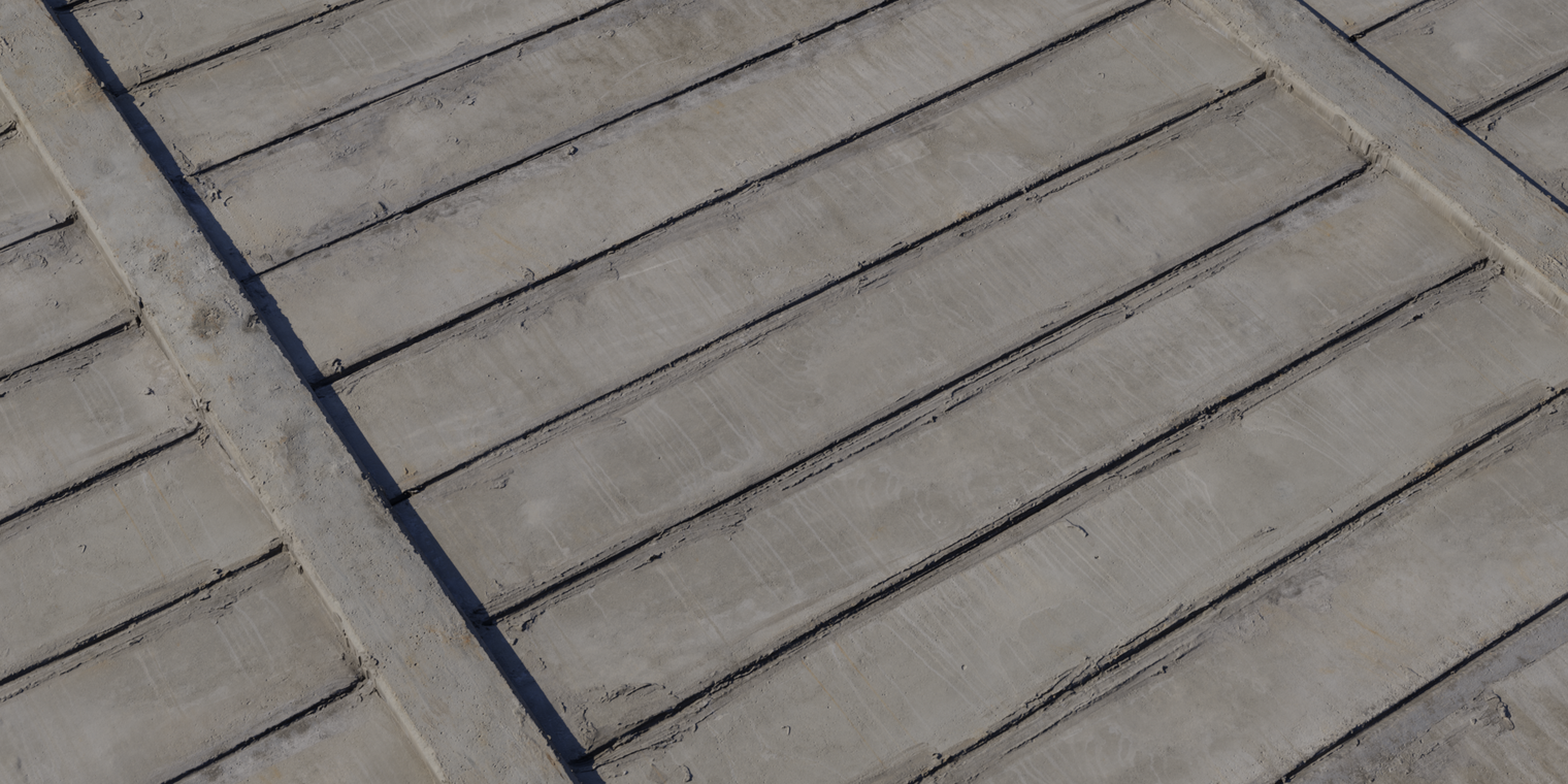 Free 8k material: weathered precast concrete slab wall texture with rough, discolored surface, horizontal panel joints, dirt streaks and patched cement.