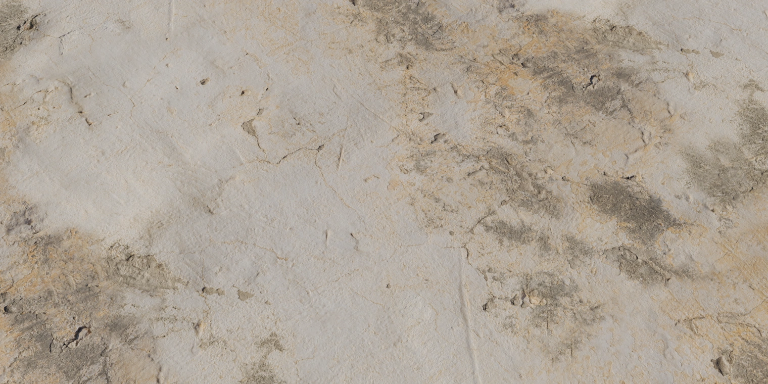 Free 16K texture of a worn painted concrete wall: rough plaster surface with yellow-white discoloration, cracks, chips, scratches and weathered dirt.