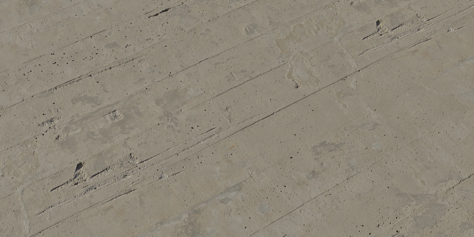 Free 8K texture of weathered concrete wall with plaster patches: rough, pitted surface, horizontal formboard lines, cracks, chips, stains and dirty grey tones.