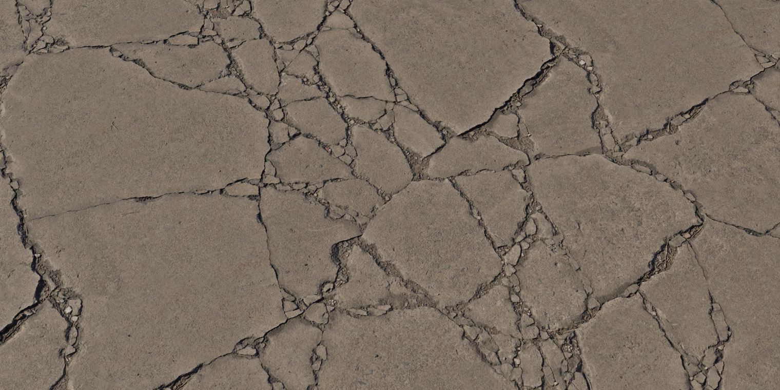 Free 8K texture - weathered cracked concrete with large fractured plates, deep jagged fissures, chipped edges and subtle warm-gray color variation.