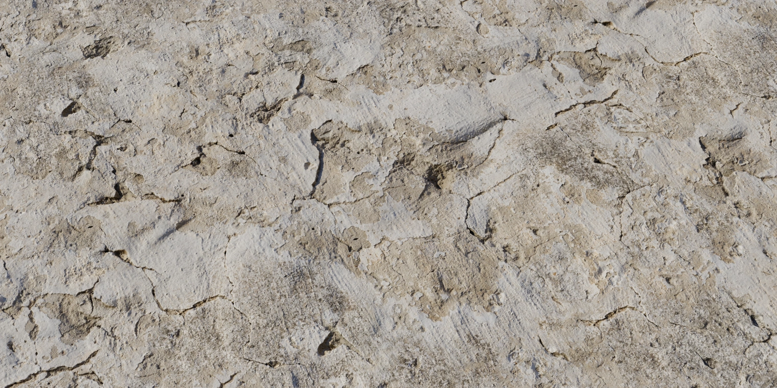Free 8K texture of a weathered beige concrete/plaster wall with rough, cracked and chipped surface, dry discoloration, stains and gritty dirt.