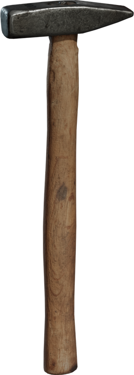Free 8k model of a weathered cross-pein hammer - scuffed steel head and knotted wooden handle with realistic wear, dents, and grain.