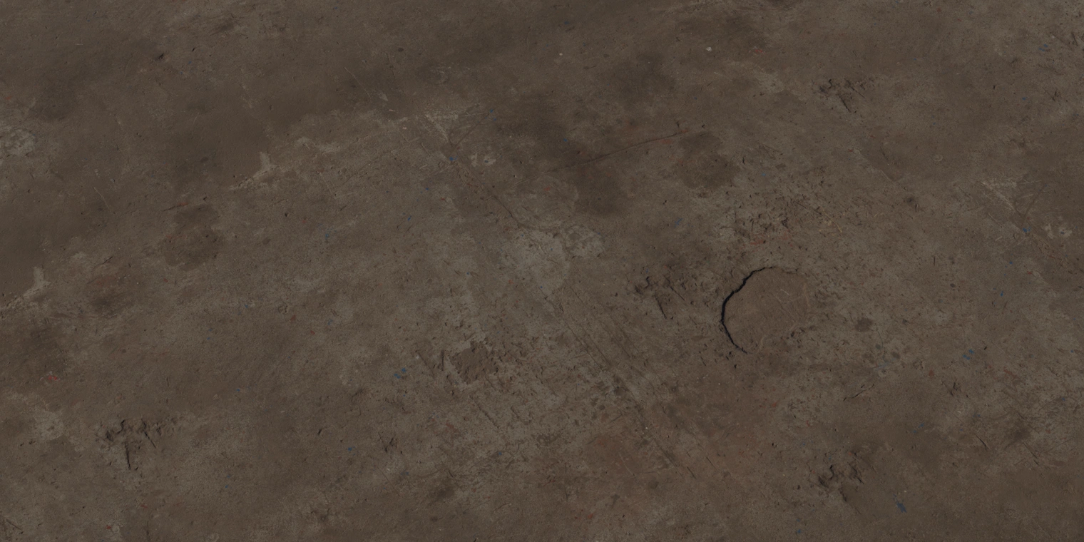 Free 16K texture of damaged concrete: dark, weathered floor cement with cracks, scratches, chips, stains, gritty roughness and subtle paint flecks.