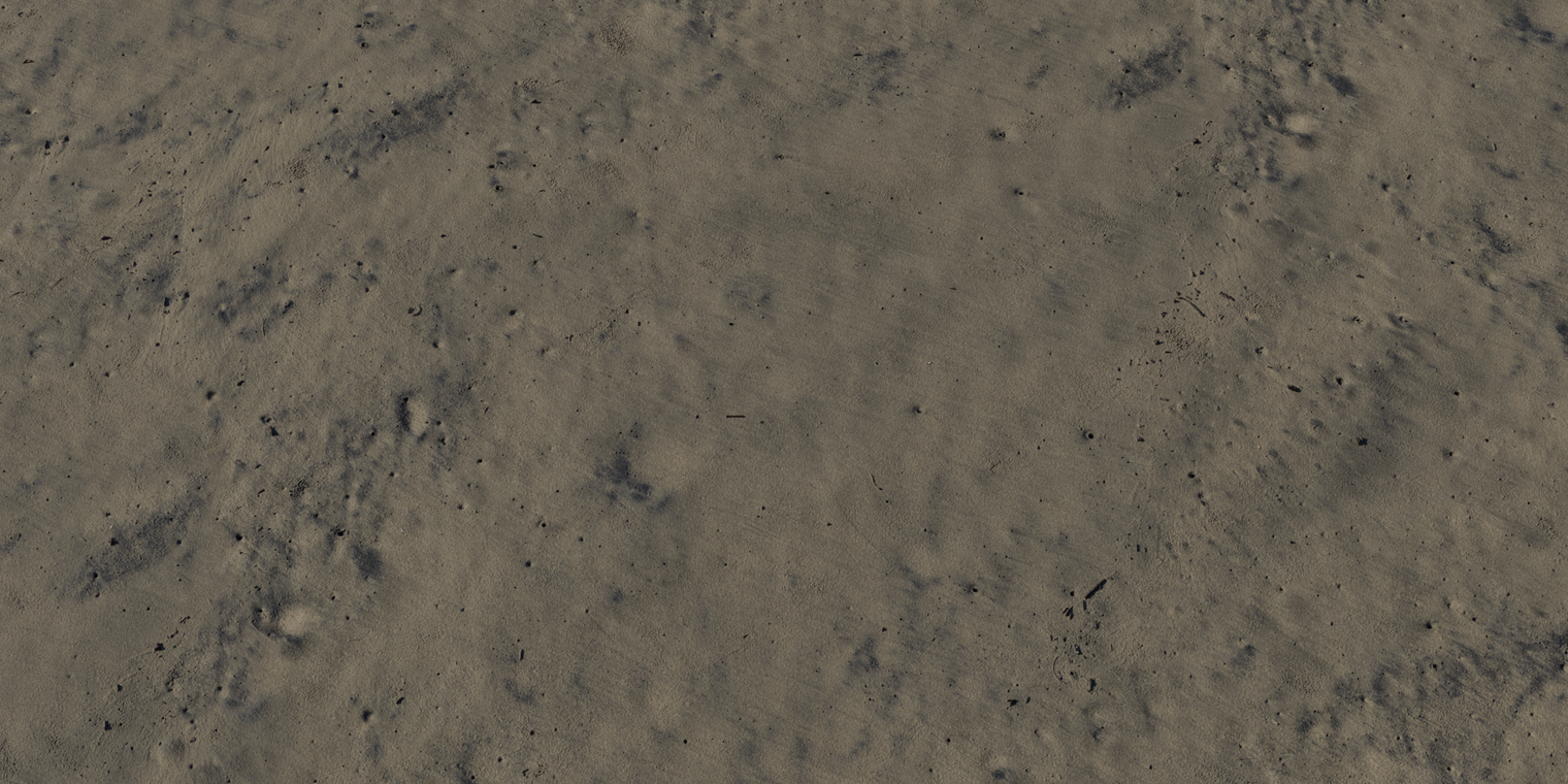 Free 8K damp beach sand texture with compacted, slightly glossy wet grit, subtle striations, small pits and dark speckling in a muted brown tone.