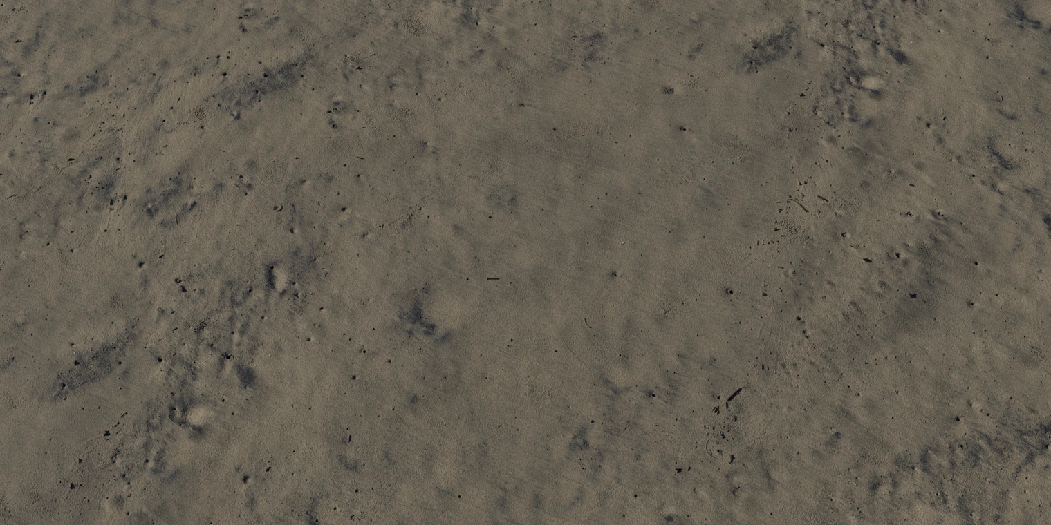 Free 8K damp beach sand texture with compacted, slightly glossy wet grit, subtle striations, small pits and dark speckling in a muted brown tone.