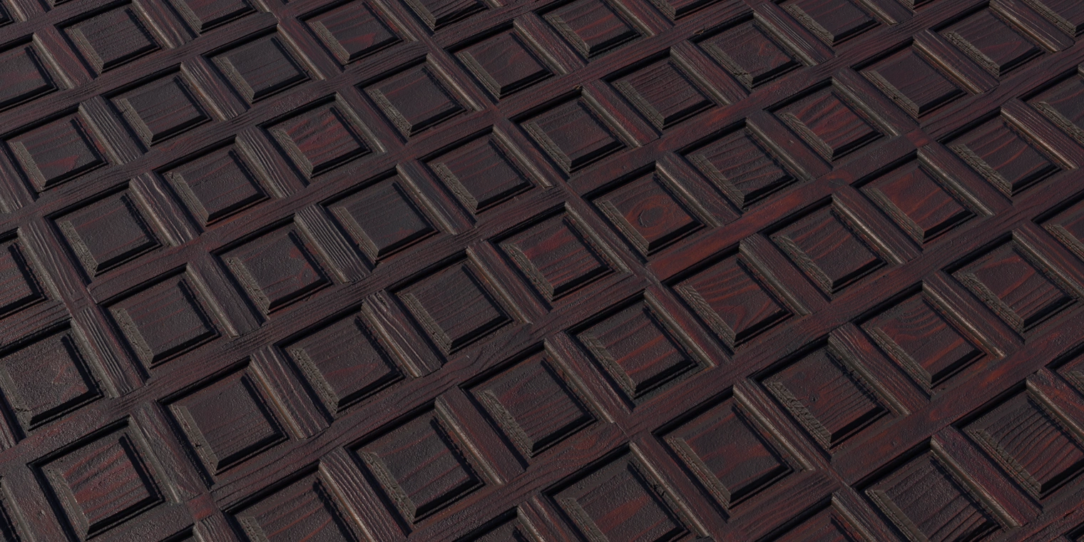 Free 8K texture of dark paneled wood: deep brown with red undertones, recessed square panels with crisp bevels, fine grain and subtle sheen.