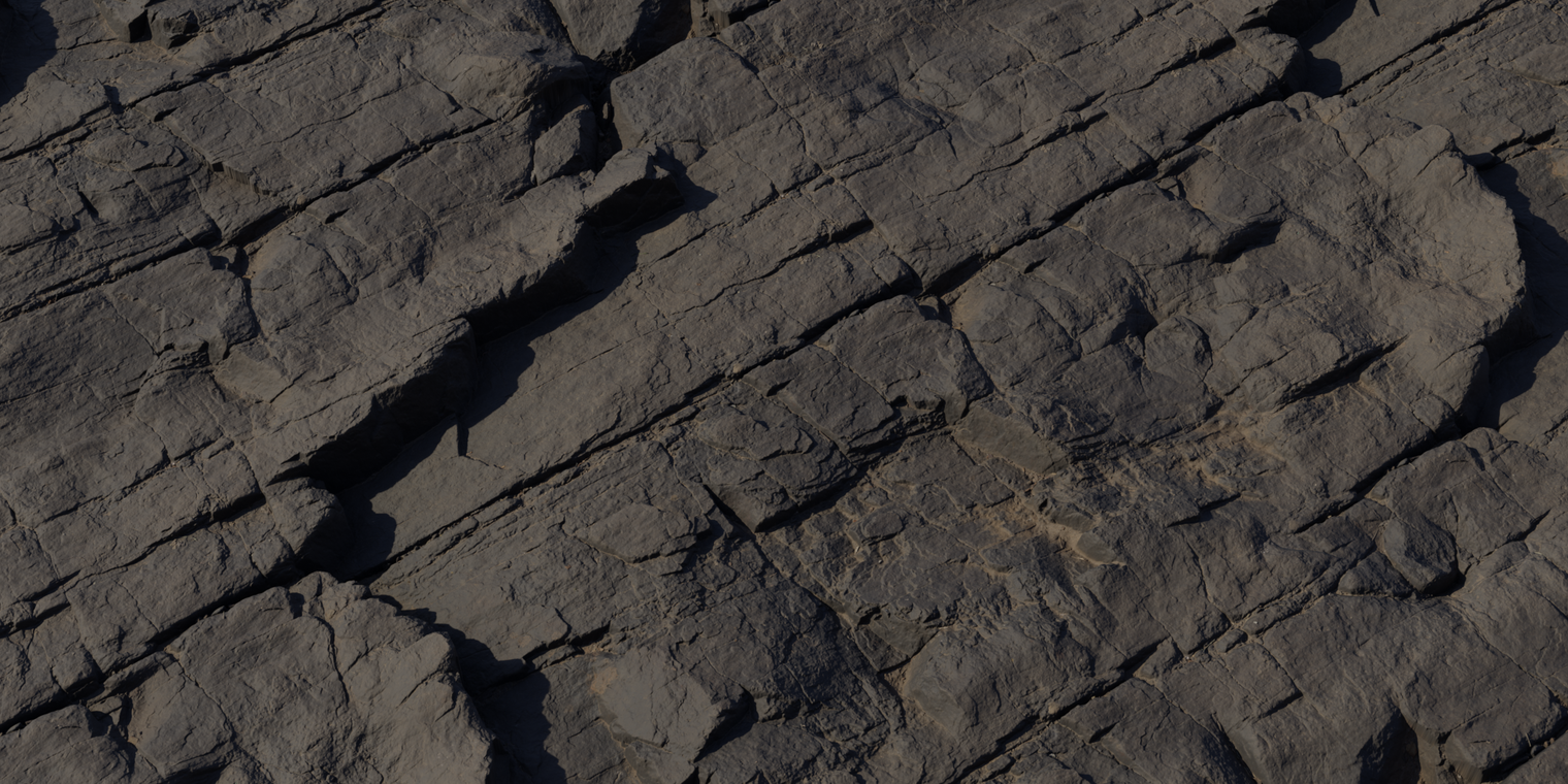Free 8K texture of dark stratified rock with sharp fractures, deep crevices and layered plates. Matte, weathered stone with subtle earthy brown tones.