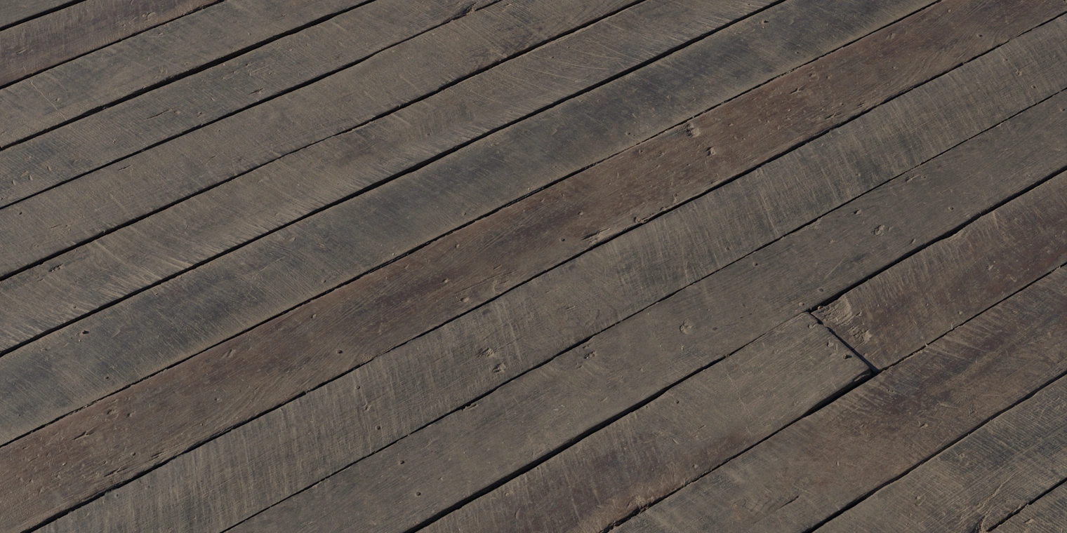Free 8K texture of dark, weathered wooden planks - rough, scratched and cracked surfaces with chipping, visible seams and a worn dusty sheen.