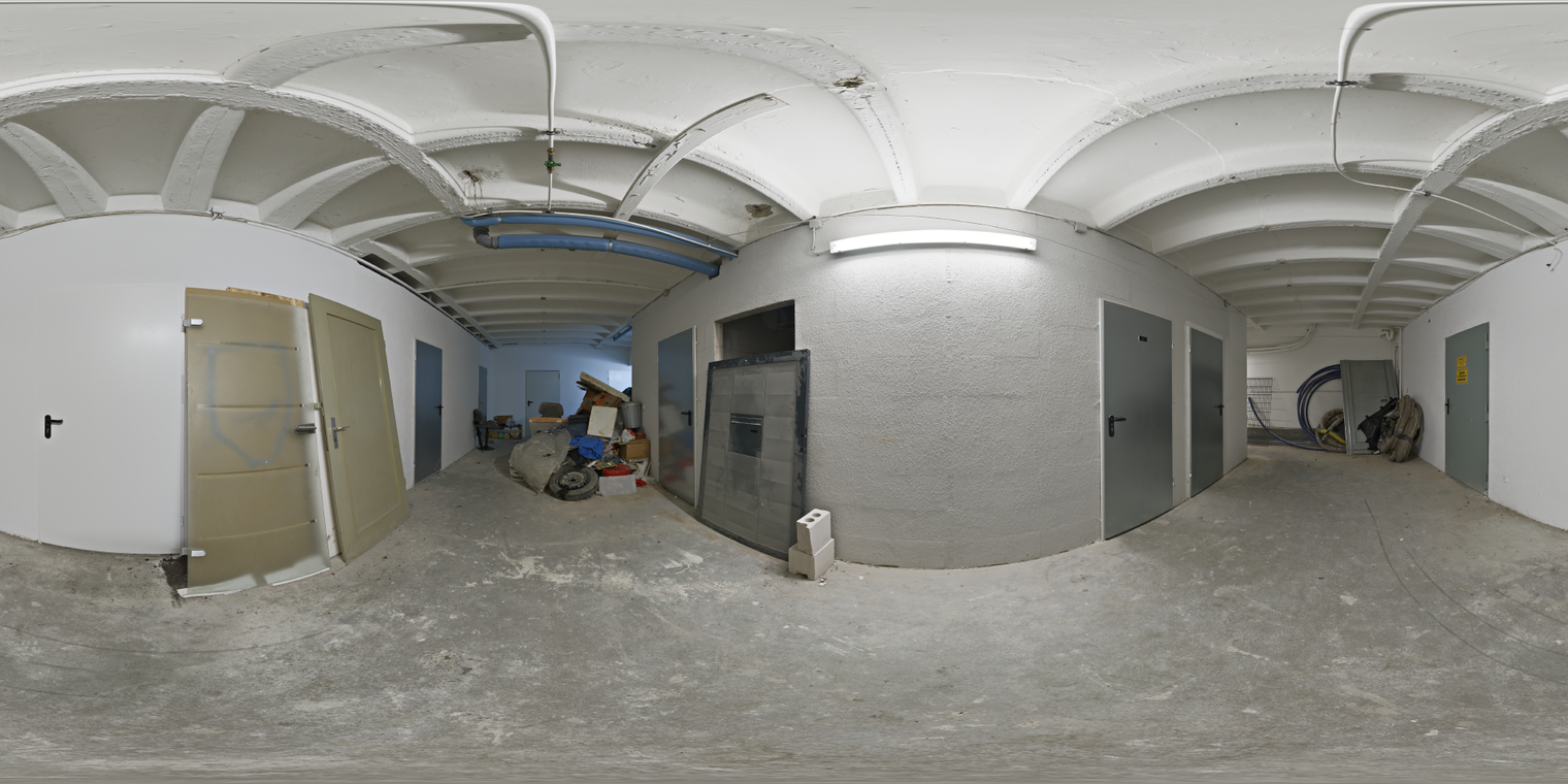 Unclipped, free 24K HDRI of a debris-filled basement corridor with cool fluorescent light, grey doors and concrete, soft even light, gritty mood.