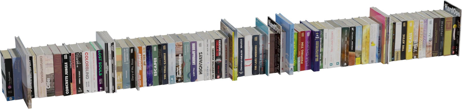 Free model - a realistic decorative book set with varied paperback and hardcover spines, colors and sizes. Ideal for bookshelves, libraries, and scene dressing. All covers are CC0 and free to use.