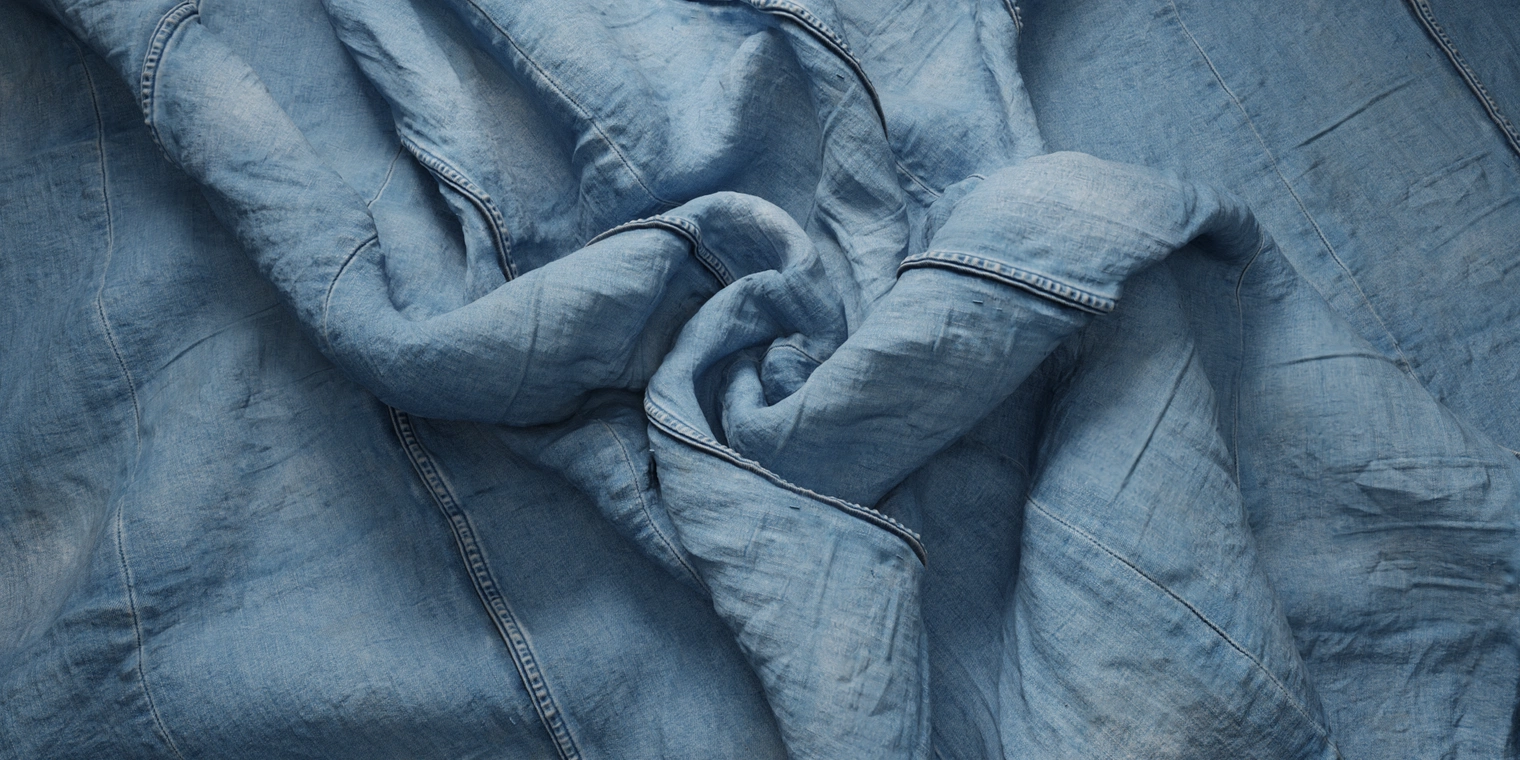 Free 8K denim fabric texture with mid-blue indigo, worn fades, pronounced creases, visible stitching and a coarse woven surface with realistic thread detail.