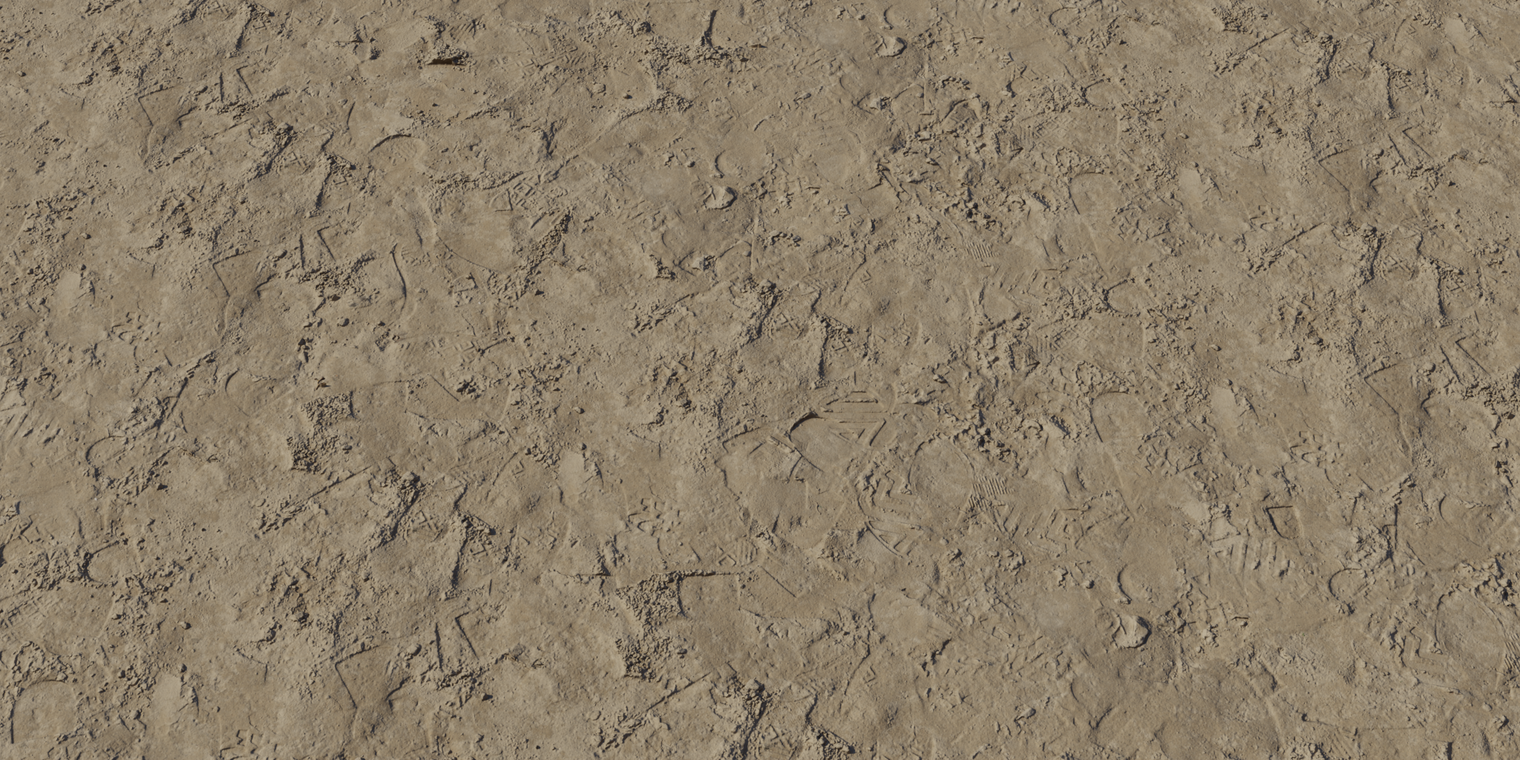 Free 8K texture of compacted tan sand with crusted clumps, shallow pits and subtle granular detail. Dry, matte roughness with slight color variation.