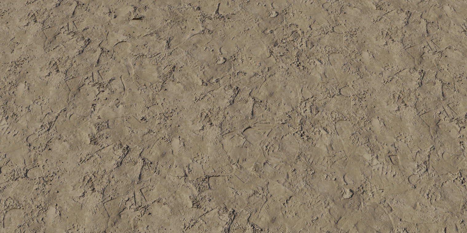 Free 8K texture of compacted tan sand with crusted clumps, shallow pits and subtle granular detail. Dry, matte roughness with slight color variation.