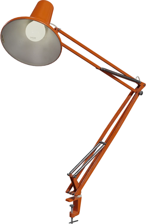 Free 8K model of an industrial, rigged desk lamp arm - clamp-mounted, articulated with springs, vintage workshop style.