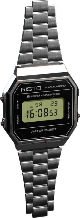 Free 4K vintage digital wristwatch with brushed steel bracelet, octagonal case, scuffed edges, electroluminescent text, side buttons and LCD readout.