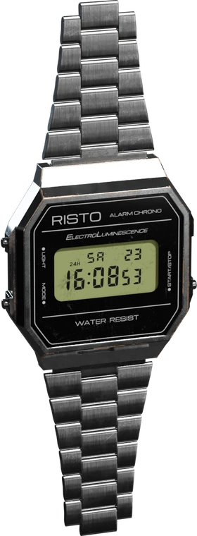 Free 4K vintage digital wristwatch with brushed steel bracelet, octagonal case, scuffed edges, electroluminescent text, side buttons and LCD readout.