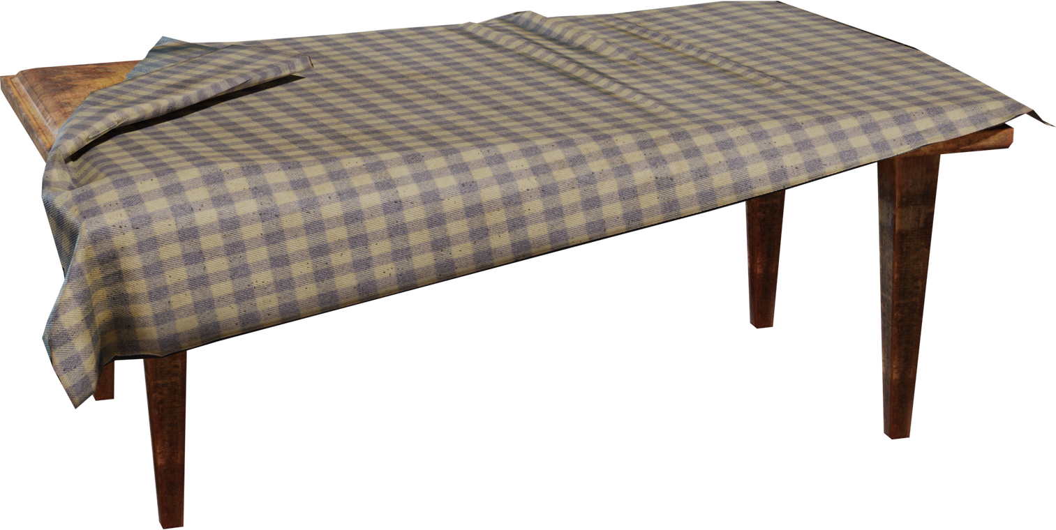 Free 8K rustic wooden dining table with worn grain and tapered legs, draped in a blue-beige gingham cloth with realistic folds and subtle frays.