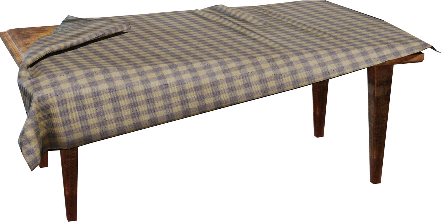Free 8K rustic wooden dining table with worn grain and tapered legs, draped in a blue-beige gingham cloth with realistic folds and subtle frays.