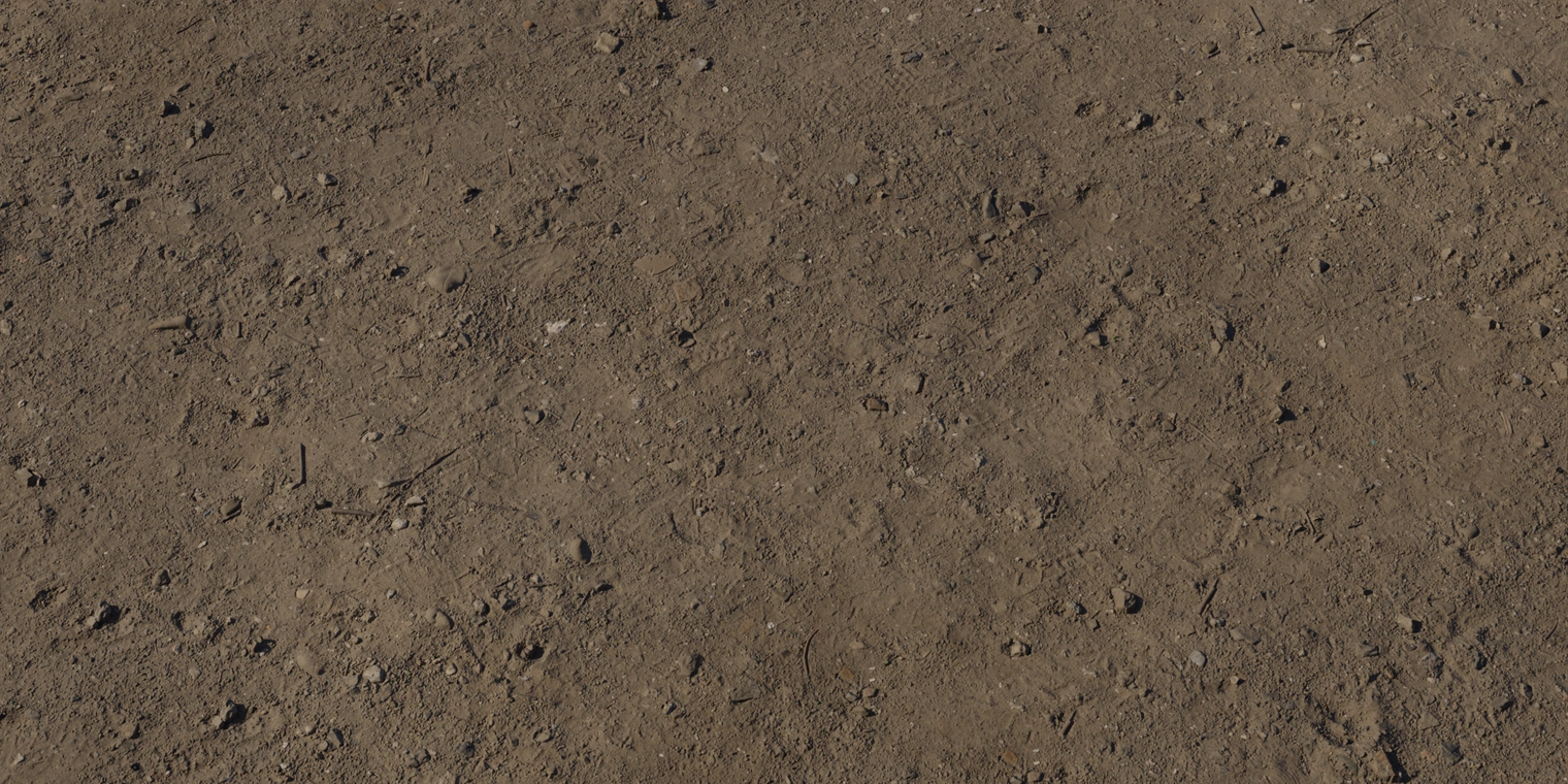 Free 8K dirt texture showing dusty, compacted earth with small rocks, debris and subtle footprints; rough, low-gloss surface with detailed soil variation.