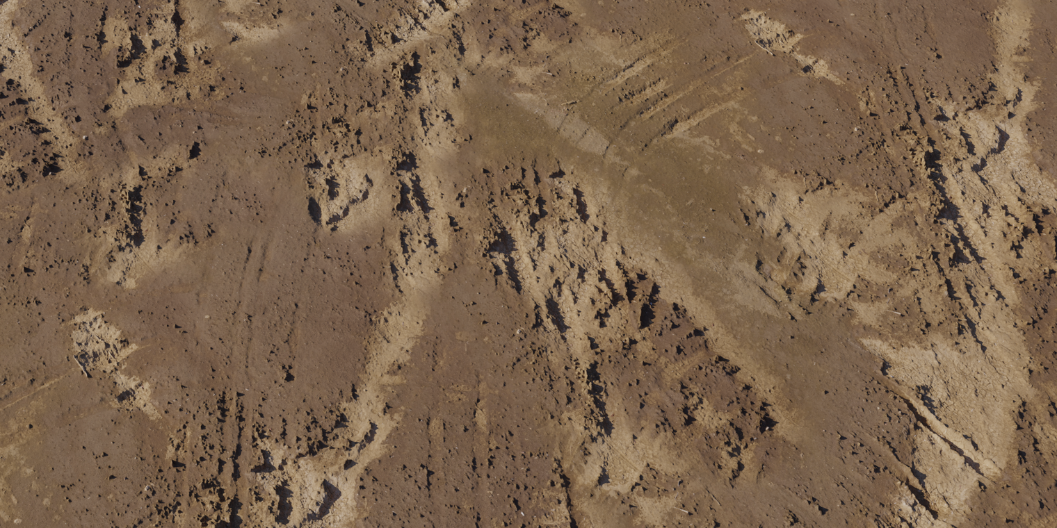 Free 8K texture of compacted, eroded brown dirt with muddy patches, rough cracked surfaces, visible tracks and subtle sand and dust variations.