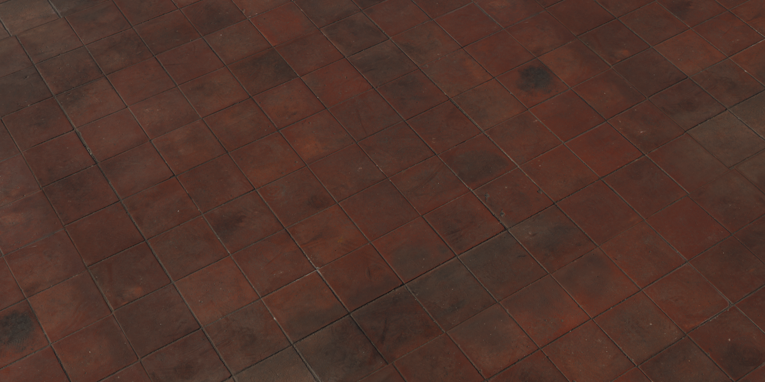 scuffed, reddish-brown ceramic square tiles with worn grout lines, subtle stains and a low-sheen indoor flooring surface.
