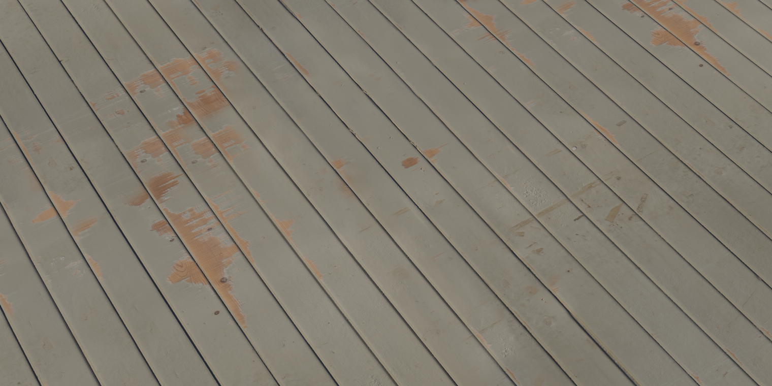 Free 16K texture of distressed painted wooden planks - chipped pale green paint revealing warm wood, worn edges, scratches, seams and subtle surface roughness.