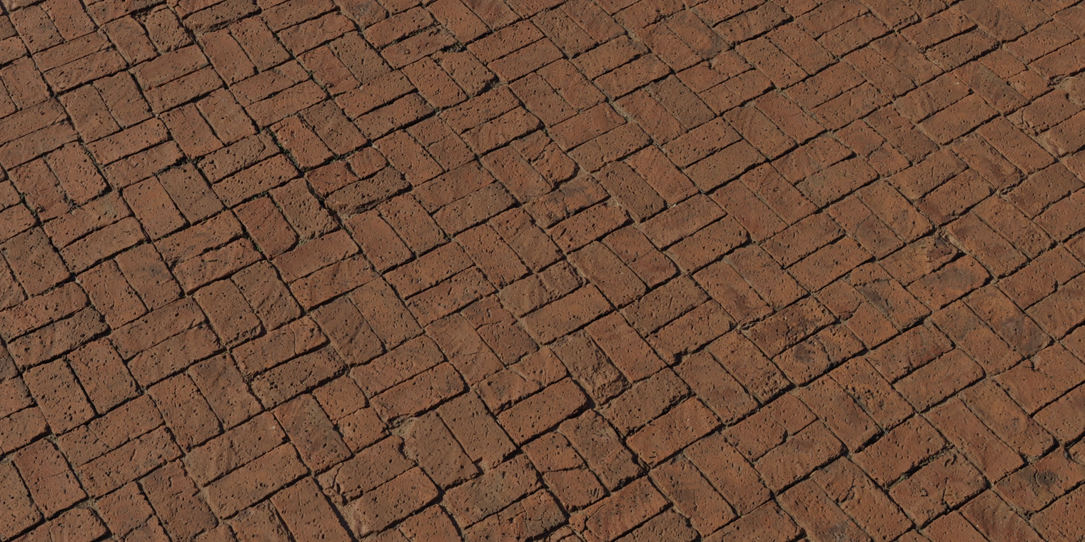 Free 8K texture of double-pattern red brick floor with rough, uneven, chipped and cracked surfaces, weathered scratches and worn mortar detail.