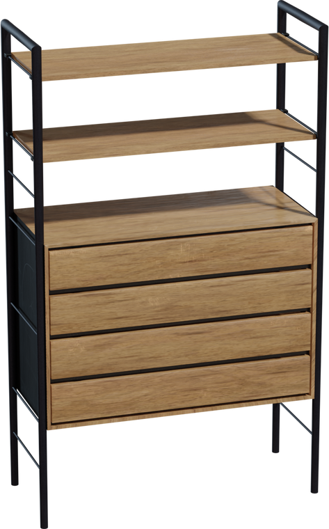 Free 4K modern drawer cabinet featuring warm wood drawers and shelves, slim black metal frame, four horizontal drawers, and open shelving.