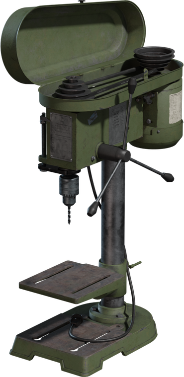 Free 8K model of a vintage green drill press with open belt-drive pulleys, metal chuck, worn paint, spec plates, cord, slotted adjustable table and cast base.