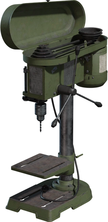Free 8K model of a vintage green drill press with open belt-drive pulleys, metal chuck, worn paint, spec plates, cord, slotted adjustable table and cast base.