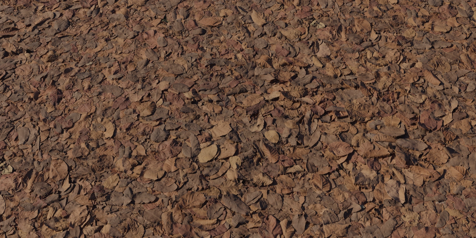 Free 16K dry leaf litter texture with crisp, layered decayed leaves, subtle normals and roughness - ideal for forest floors, terrain and natural outdoor scenes.