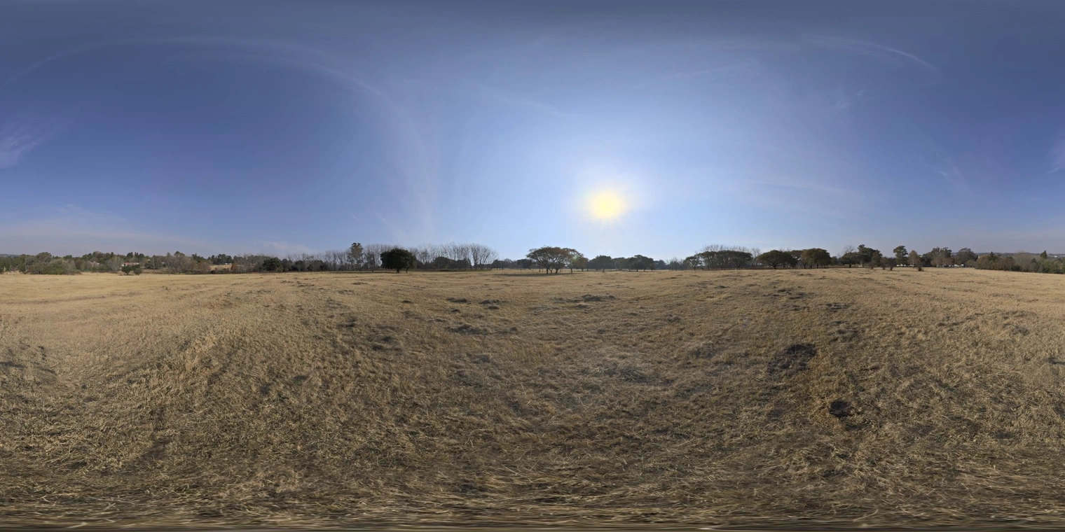 Free 16K unclipped HDRI of a dry yellow winter field, bright low sun, partly cloudy sky and high-contrast natural light for morning/afternoon outdoor renders.