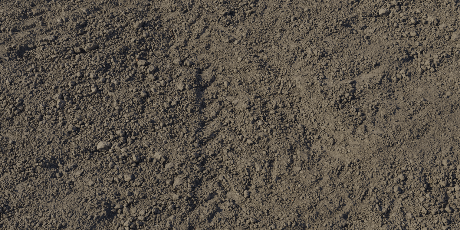 Free 16K texture: dry mud/dirt - rough, uneven brown soil with compacted clumps, scattered small stones and subtle track marks