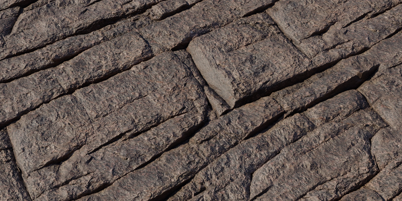 Free 16K texture of dry riverbed rock: rough, weathered stone with cracked, uneven faces, layered striations and a gritty, low-sheen surface.