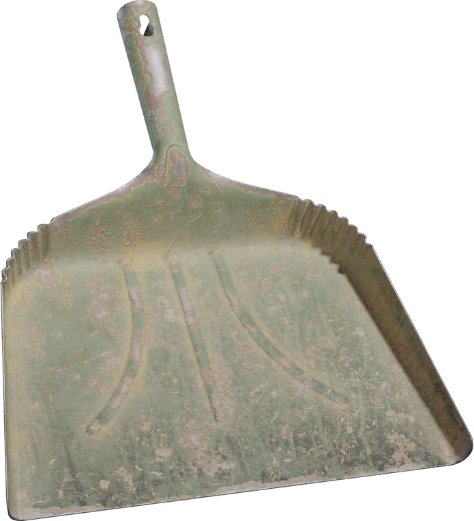 Free 4K model of a vintage metal dustpan with chipped green paint, rust patina, dented tray, ridged sides, and a handle hole with detailed grime and wear.