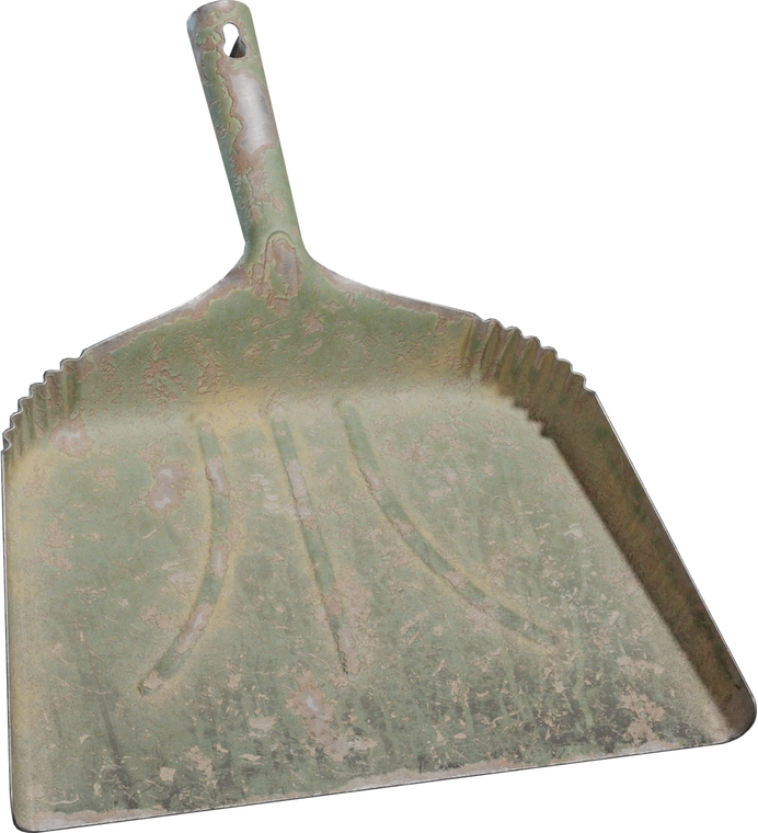 Free 4K model of a vintage metal dustpan with chipped green paint, rust patina, dented tray, ridged sides, and a handle hole with detailed grime and wear.