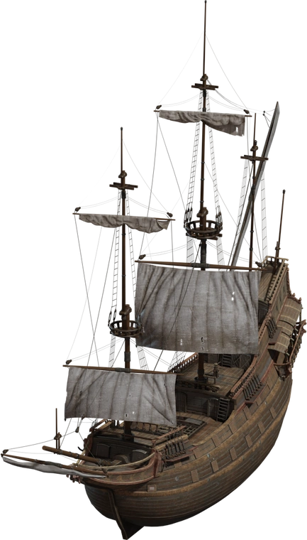 Free 4K model of a large Dutch wooden sailing ship - ornate, weathered hull, detailed rigging and sails, perfect for maritime, pirate, or historical scenes.