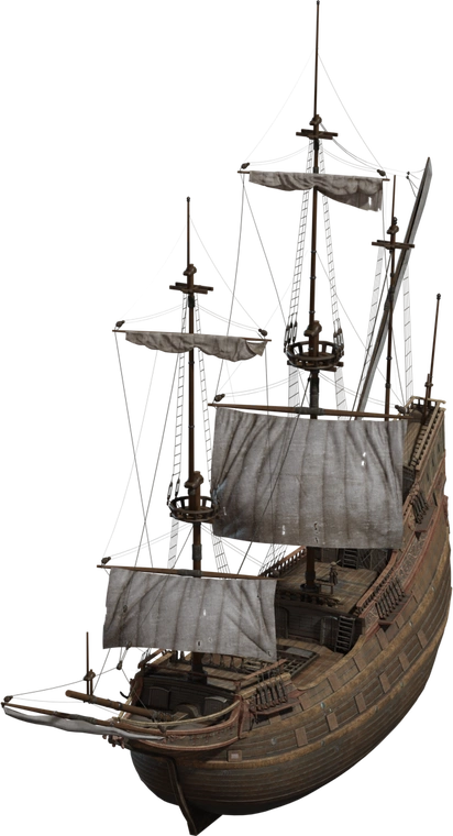 Free 4K model of a large, old Dutch wooden sailing ship - ornate, weathered hull, detailed rigging and sails, perfect for maritime, pirate, or historical scenes.