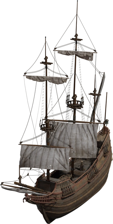 Free 4K medium Dutch wooden ship model, - ornate, weathered hull, detailed rigging and sails, perfect for maritime, pirate, or historical scenes.