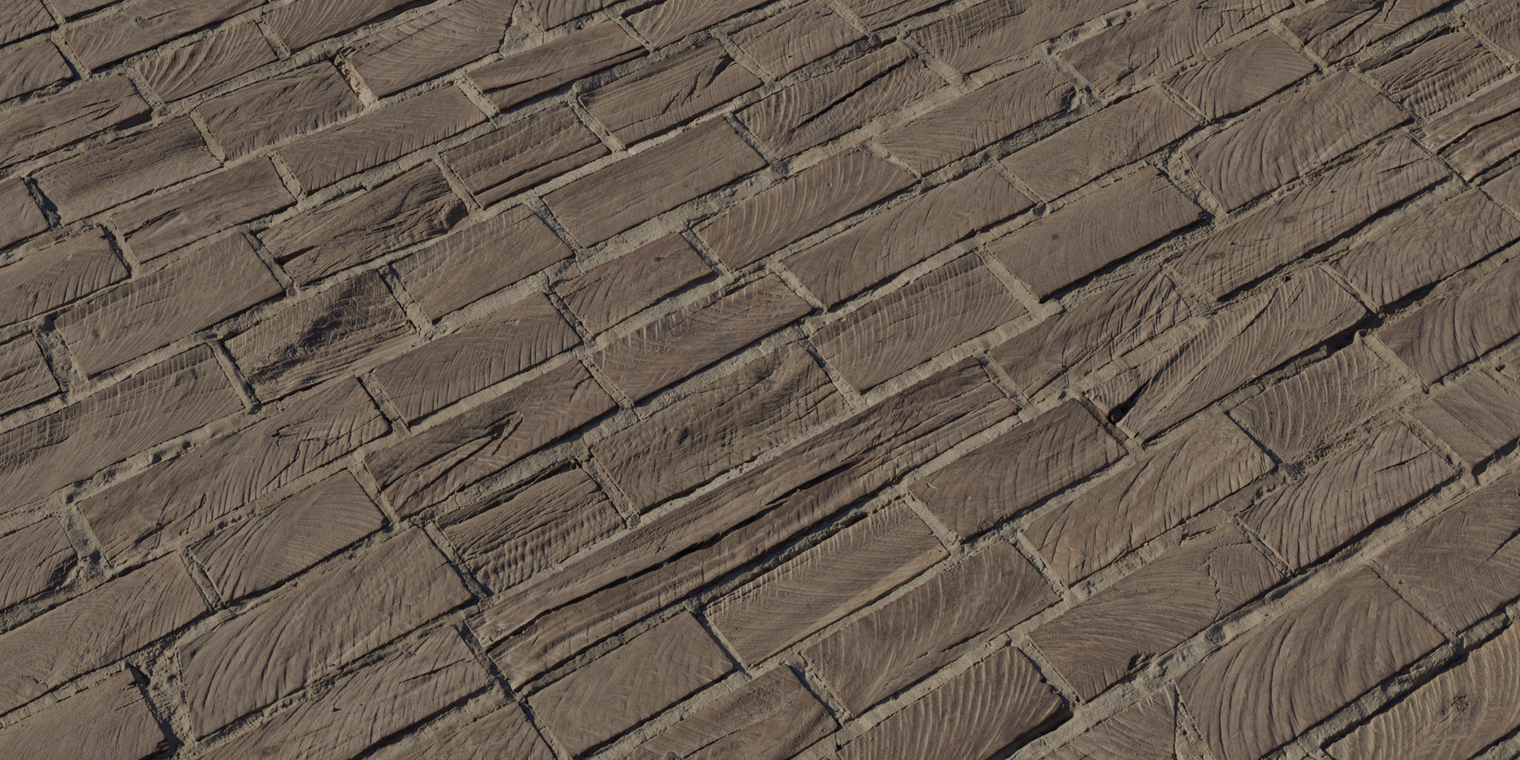Free 8K texture of embedded plank flooring: warm brown wood blocks set in light grout, varied grain and end-grain, worn, matte, subtle roughness.