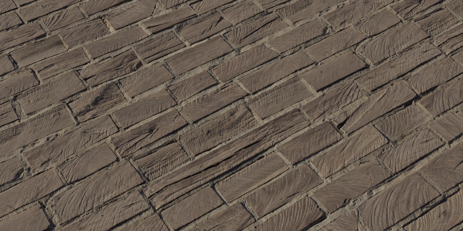 Free 8K texture of embedded plank flooring: warm brown wood blocks set in light grout, varied grain and end-grain, worn, matte, subtle roughness.