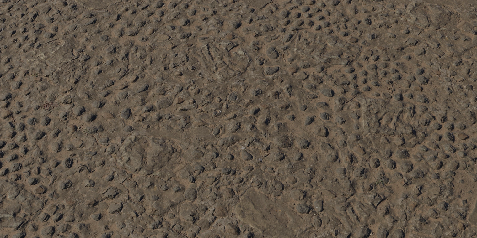 Free 8K texture of a weathered cement floor with embedded rocks, a rugged uneven stone surface with chipped edges and subtle dirt staining.
